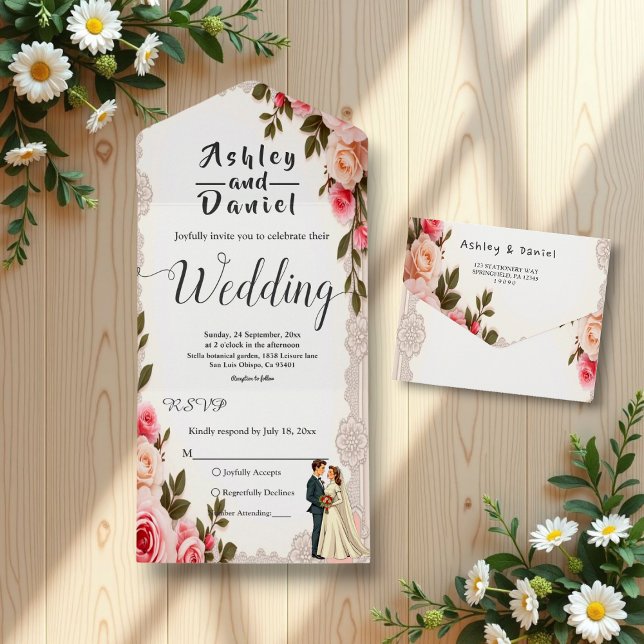 Invitation Tout En Un Élégant Couple rose pâle Mariage Floral été (Créateur téléchargé)