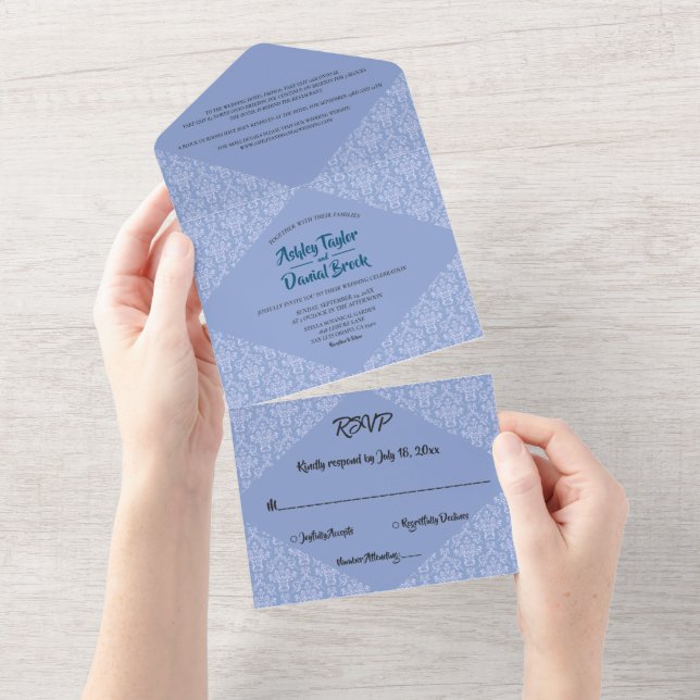 Invitation Tout En Un Elégant Décor Bleu Damas Mariage moderne (Déchirure)
