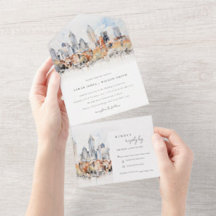 Invitation Tout En Un Elégant Denver Colorado Skyline Watercolor Mariage