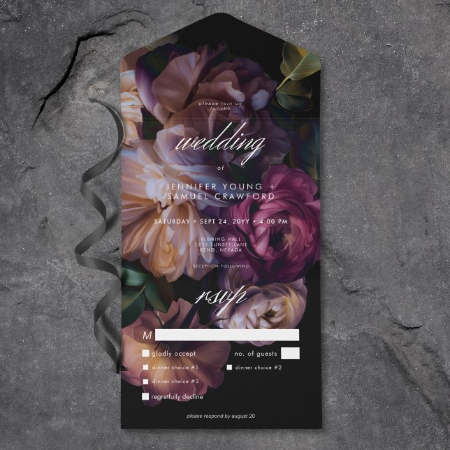Invitation Tout En Un Élégant dîner Mariage Moody Noir Floral (Elegant Black Moody Floral Wedding Dinner All In One Invitation)