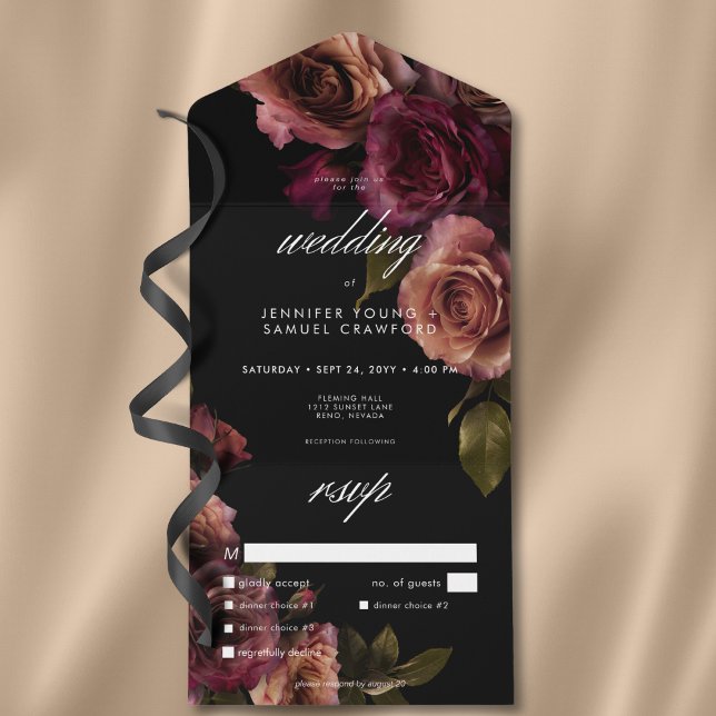 Invitation Tout En Un Elégant dîner Moody Muted Rust & Burgundy Floral (Elegant Moody Muted Rust & Burgundy Floral Dinner All In One Invitation)