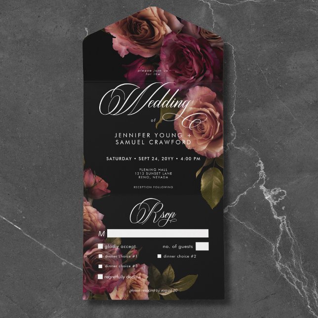 Invitation Tout En Un Elégant dîner Moody Muted Rust & Burgundy Floral (Elegant Moody Muted Rust & Burgundy Floral Dinner All In One Invitation)