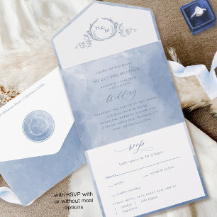 Invitation Tout En Un Elégant Dusty Blue Aquarelle Monogram Mariage Tous