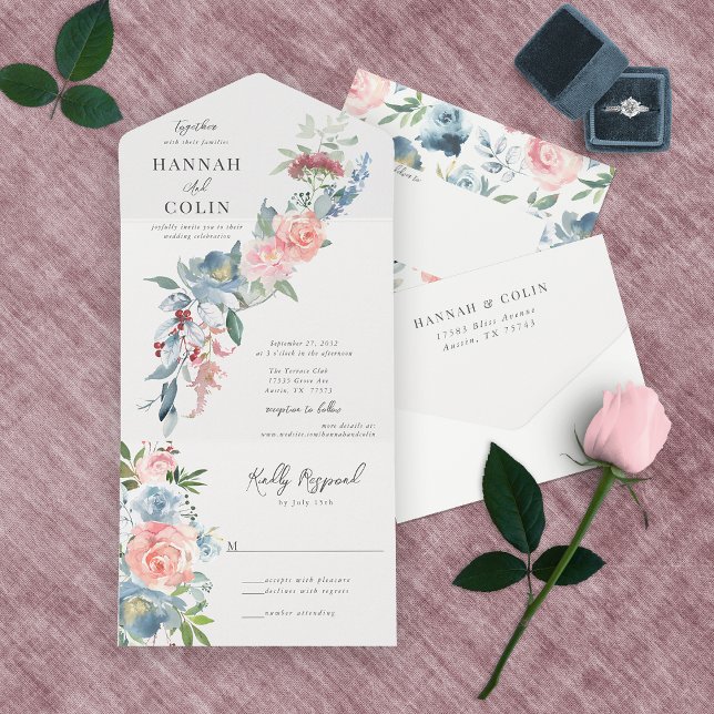 Invitation Tout En Un Elégant Dusty Blue et Rose Floral Swag (Créateur téléchargé)