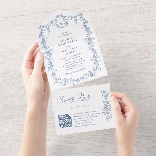 Invitation Tout En Un Elégant Dusty Blue French Garden Code QR Mariage (Déchirure)