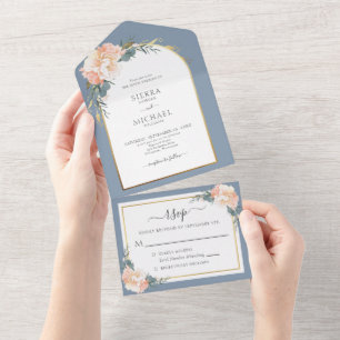 Invitation Tout En Un Elégant Dusty Blue Gold Peach Cream Floral Mariage