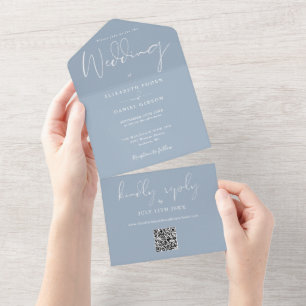Invitation Tout En Un Elégant Dusty Blue QR Code Monogramme Mariage