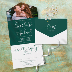 Invitation Tout En Un Elegant Emerald Green Script Photo Wedding