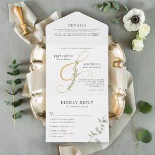 Invitation Tout En Un Elégant Eucalyptus Gold Ampersand Mariage