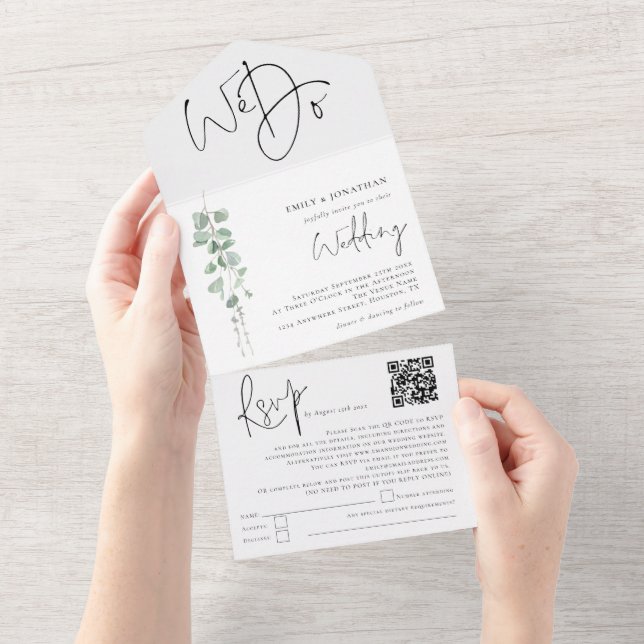 Invitation Tout En Un Elégant Eucalyptus Nous faisons QR Code Mariage (Déchirure)