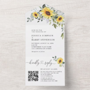 Invitation Tout En Un Elégant Eucalyptus Sunflowers Mariage code QR