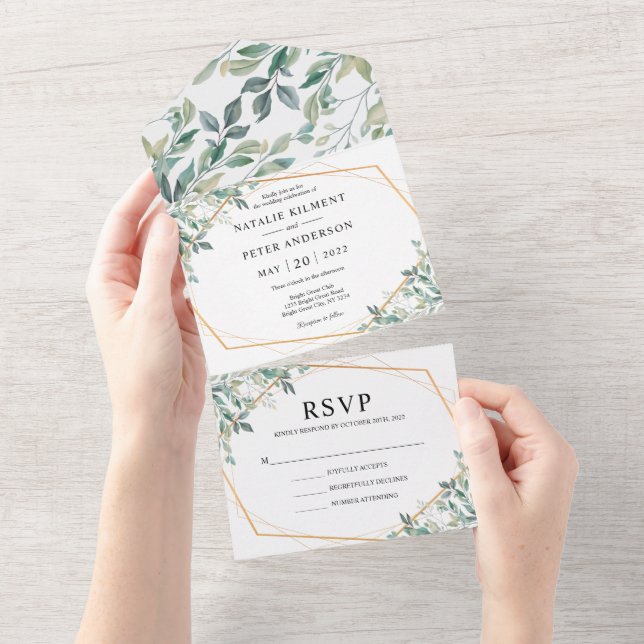 Invitation Tout En Un Elégant Eucalyptus Verdure Or Rustique Mariage (Déchirure)