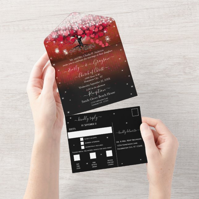 Invitation Tout En Un Élégant Fairy Lights Red Heart Leaf Tree Mariage A (Déchirure)