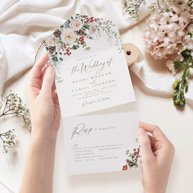 Invitation Tout En Un Elegant Festive Floral Holiday Winter Wedding (Elegant Festive Floral Holiday Winter Wedding All In One Invitation)