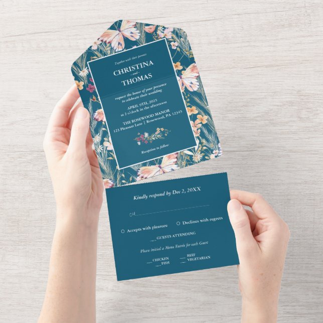 Invitation Tout En Un Élégant Fleur sauvage de Boho Bleu (Déchirure)