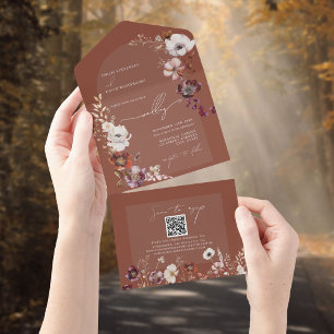 Invitation Tout En Un Élégant fleurs rouille Terracotta Mariage QR RSVP