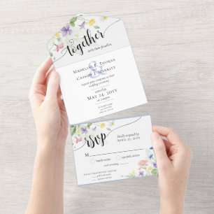 Invitation Tout En Un Elégant Fleurs sauvages d'aquarelle Boho Mariage F