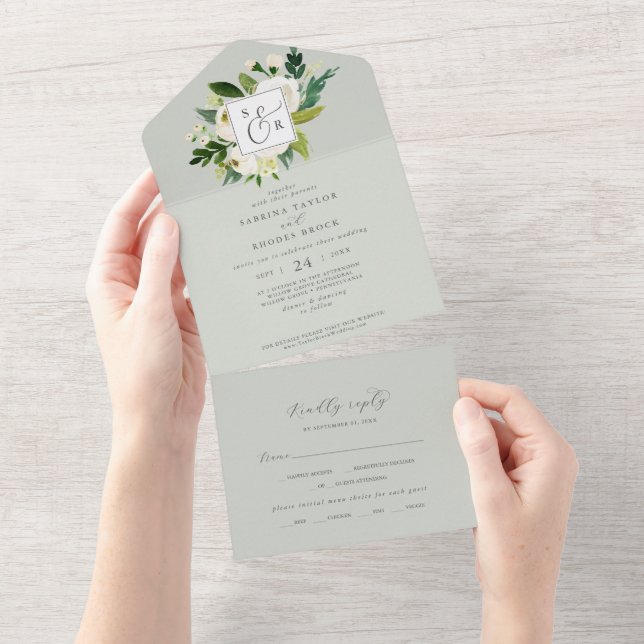 Invitation Tout En Un Élégant floral blanc | Mariage de monogramme de la (Déchirure)