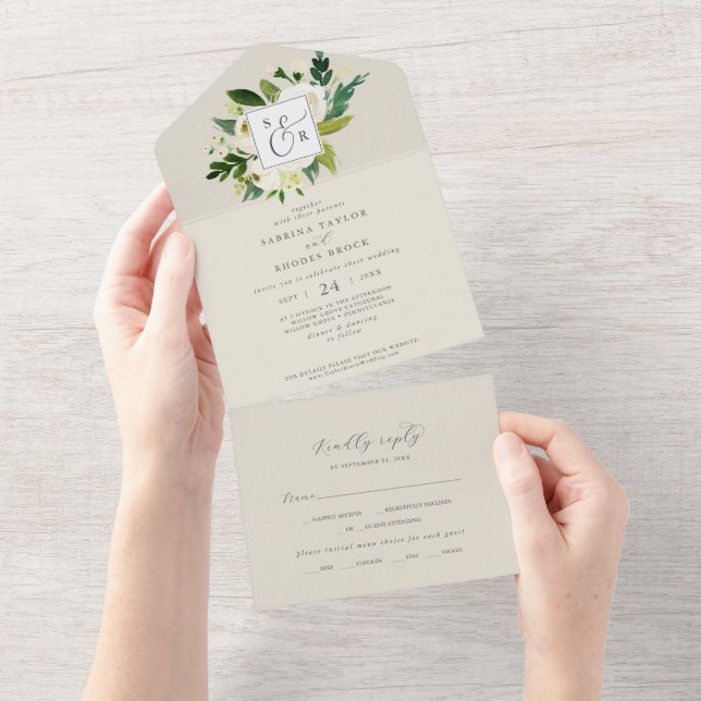 Invitation Tout En Un Élégant floral blanc | Mariage Monogramme Champagn (Déchirure)
