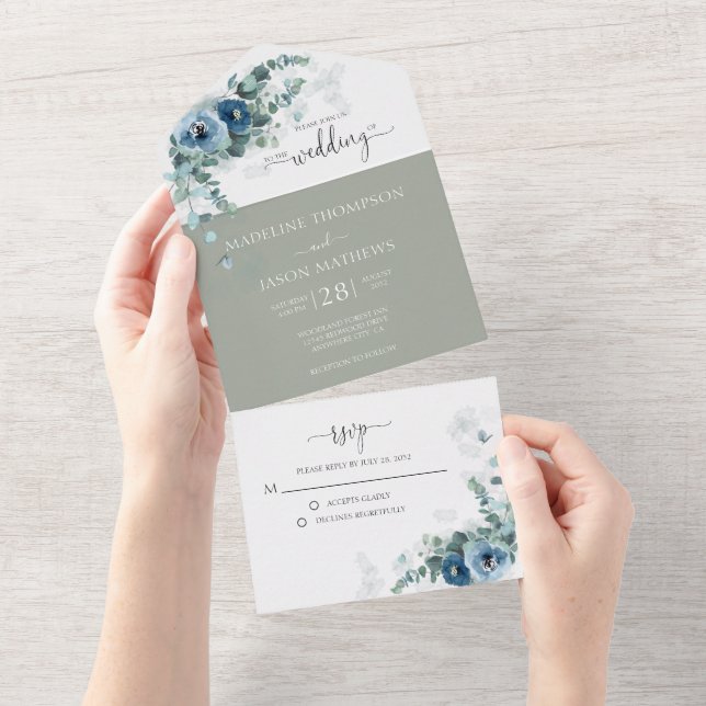 Invitation Tout En Un Elégant Floral Dusty Blue Greenery Mariage (Déchirure)