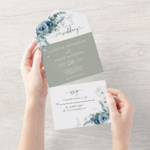 Invitation Tout En Un Elégant Floral Dusty Blue Greenery Mariage
