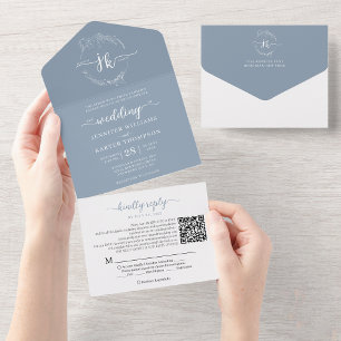 Invitation Tout En Un Élégant Floral Dusty Blue Monogram QR Code Mariage