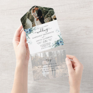 Invitation Tout En Un Elégant Floral Dusty Blue Photo Rsvp Mariage Tout 