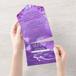 Invitation Tout En Un Élégant floral et papillons violets 