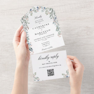 Invitation Tout En Un Élégant Floral Greenery QR Code Mariage