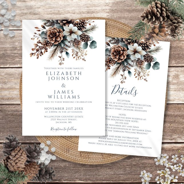 Invitation Tout en un élégant floral hivernal de cône de pin  (All In One Elegant Winter Floral Pinecone Wedding Invitation)