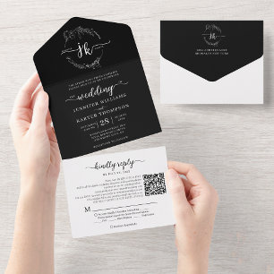 Invitation Tout En Un Élégant Floral noir Monogramme QR Code Mariage