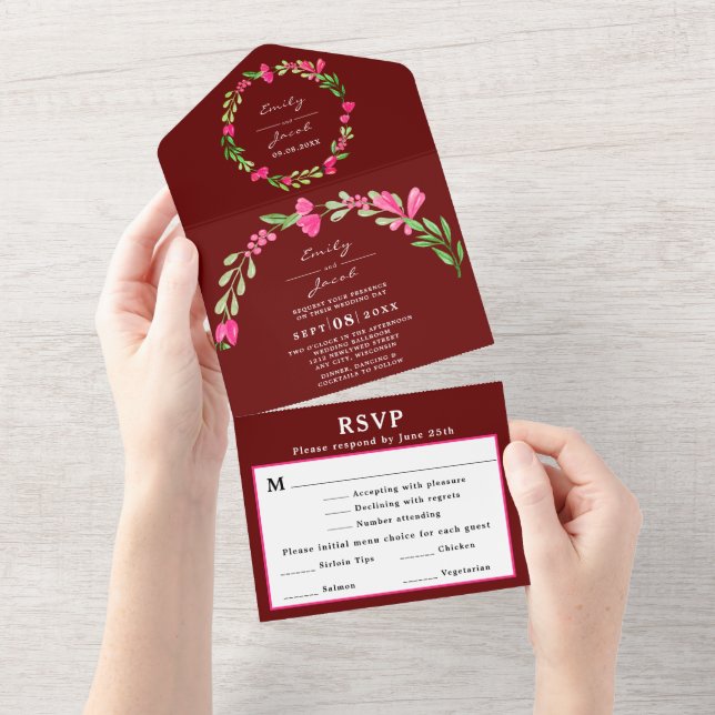Invitation Tout En Un Élégant floral rose verdure rouge foncé mariage RS (Déchirure)