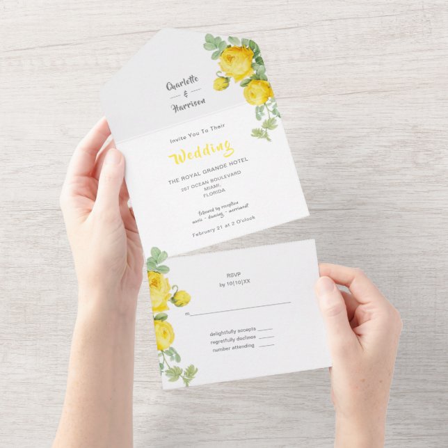 Invitation Tout En Un Élégant Floral Sunny Roses Jaunes Mariage Tout En  (Déchirure)