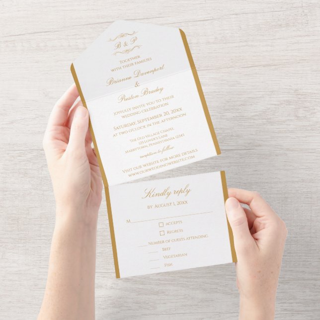 Invitation Tout En Un Elegant Gold Calligraphy Script Monogram Wedding (Déchirure)