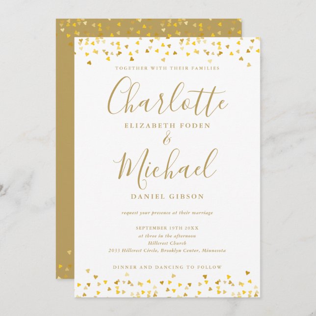 Invitation Tout en un élégant Gold Hearts Confetti Mariage