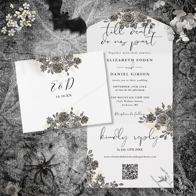 Invitation Tout En Un Élégant gothique Floral Rose QR Code Mariage (Elegant Gothic Floral Roses QR Code Wedding All In One Invitation)