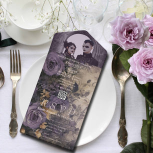 Invitation Tout En Un Élégant gothique foncé violet Rose photo Code QR