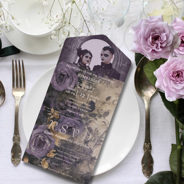 Invitation Tout En Un Élégant gothique foncé violet Rose une photo (Créateur téléchargé)