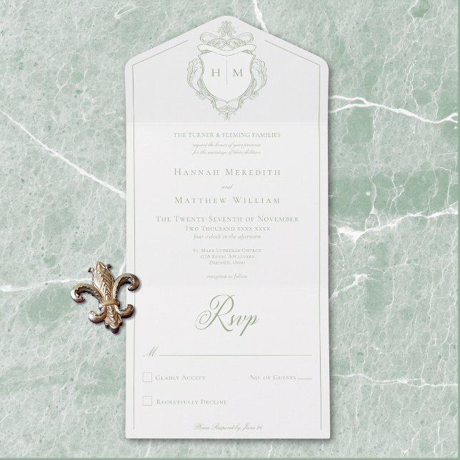 Invitation Tout En Un Élégant Green Chinoiserie Bird Crest Mariage (Elegant Green Chinoiserie Bird Crest Wedding All In One Invitation)