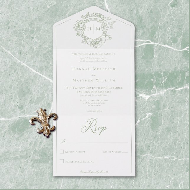 Invitation Tout En Un Élégant Green Chinoiserie Bird Crest Mariage (Elegant Green Chinoiserie Bird Crest Wedding All In One Invitation)