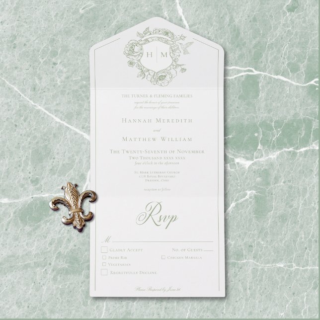 Invitation Tout En Un Élégant Green Chinoiserie Bird Crest Mariage (Elegant Green Chinoiserie Bird Crest Wedding All In One Invitation)