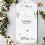 Invitation Tout En Un Elegant Greenery All in One Wedding Invite<br><div class="desc">Elegant all- in- one tri- fold wedding with perforated RSVP postcard. Delicate greenery watercolor leaves in a blend of different green and blue hues encasing your details and modern hand written calligraphy élément. Environmentally friendly, as there is no need for extra insert cards, RSVP cards or even enveloppe, this Invite...</div>