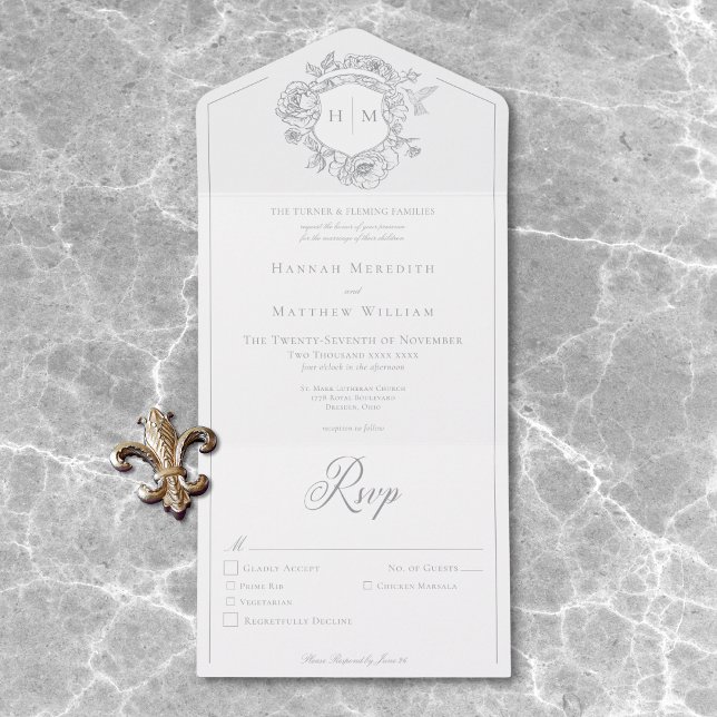 Invitation Tout En Un Elegant Grey Chinoiserie Bird Crest Mariage Dîner (Elegant Gray Chinoiserie Bird Crest Wedding Dinner All In One Invitation)