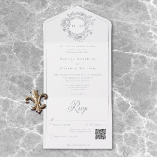 Invitation Tout En Un Elegant Gris Chinoiserie Bird Crest Mariage QR