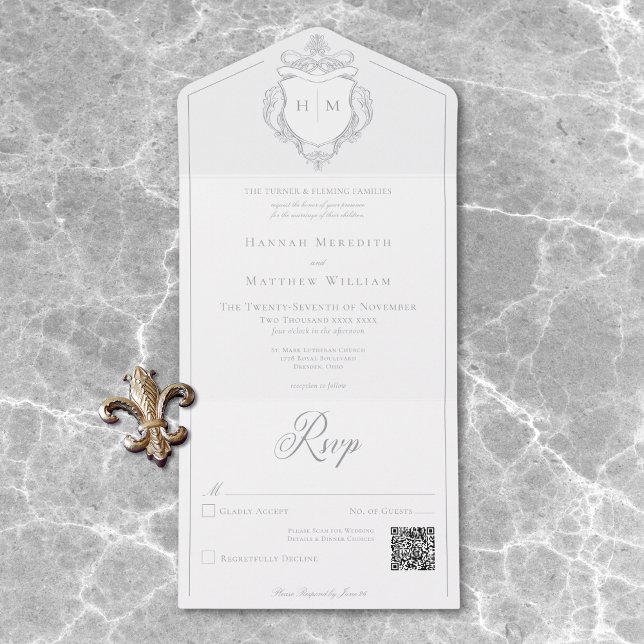 Invitation Tout En Un Elegant Gris Chinoiserie Bird Crest Mariage QR (Elegant Gray Chinoiserie Bird Crest Wedding QR All In One Invitation)