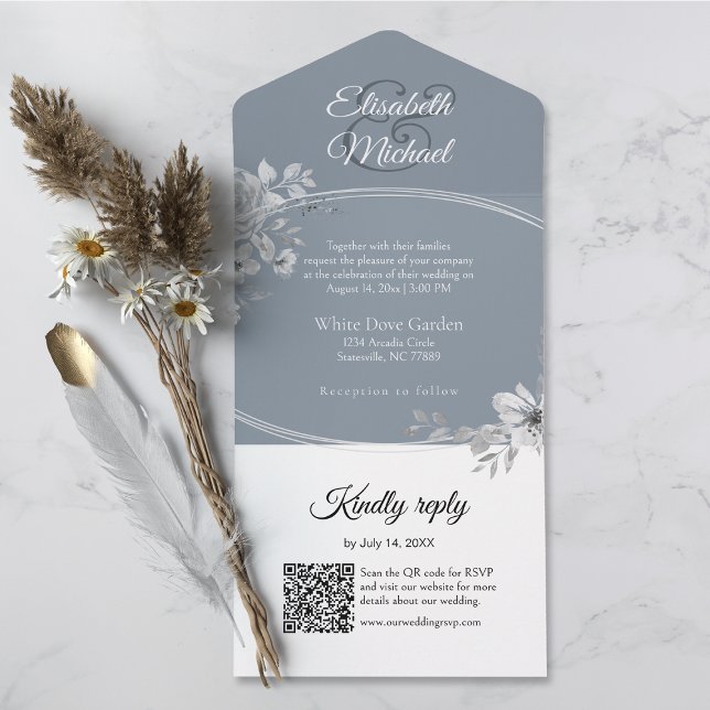 Invitation Tout En Un Elégant gris QR Code Monogramme Mariage RSVP (All-in-one wedding invitation with QR code to RSVP - Simplify and save time for you and your guests.)