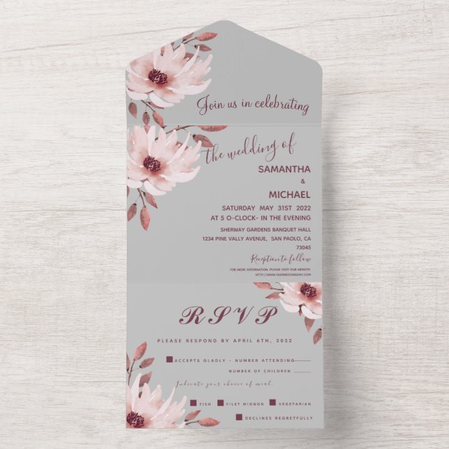 Invitation Tout En Un Elégant gris rose rouille Aquarelle Mariage Floral (À l'intérieur)