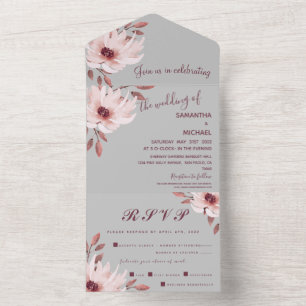 Invitation Tout En Un Elégant gris rose rouille Aquarelle Mariage Floral