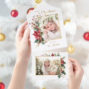 Invitation Tout En Un Elégant hiver Floral or Joyeux Noël 1 Photo