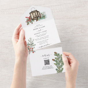 Invitation Tout En Un Élégant hiver Pins rustique Mariage de lanterne